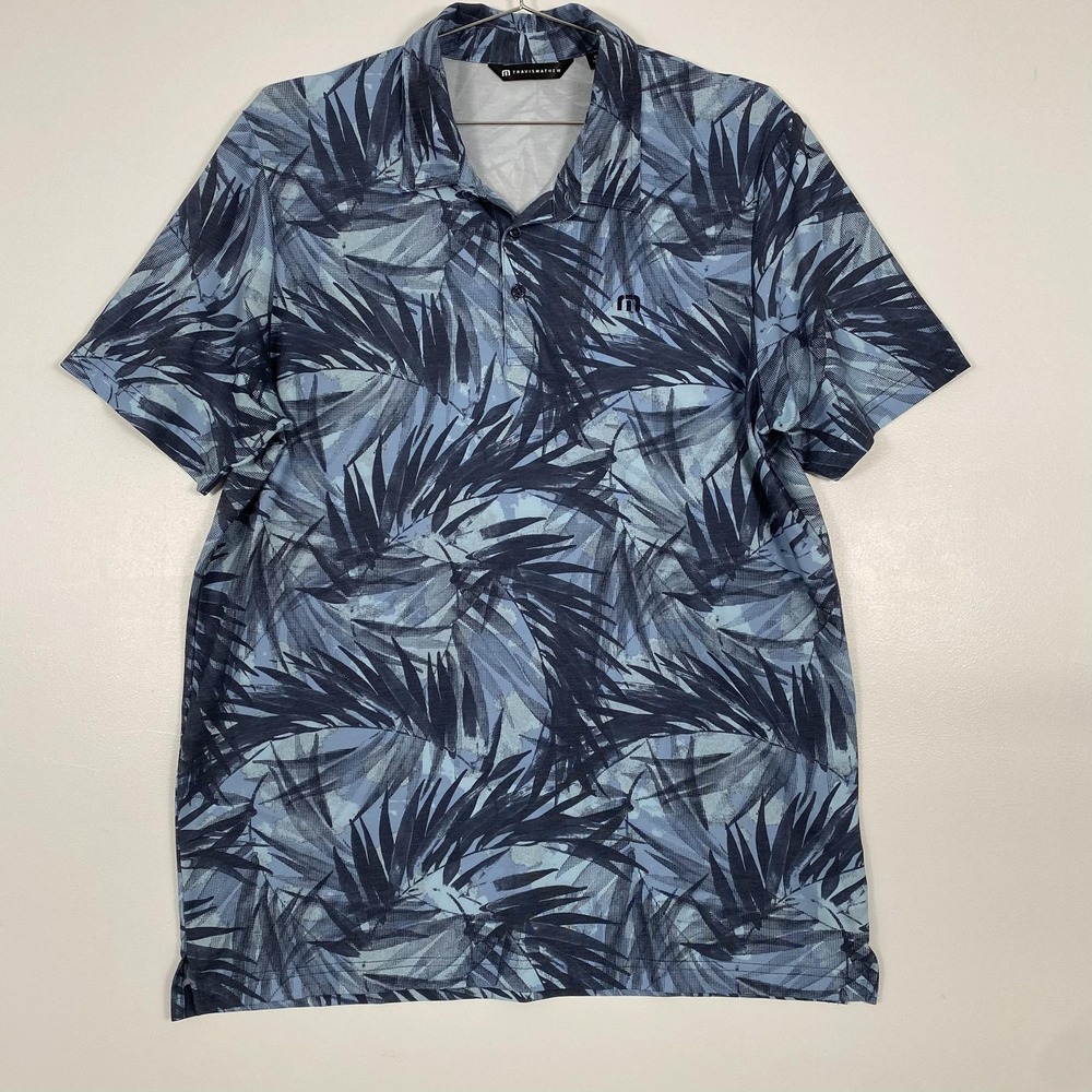 TravisMathew Polo Shirt Mens XL Blue Palm Leaf Tropical Print Golf Stretch